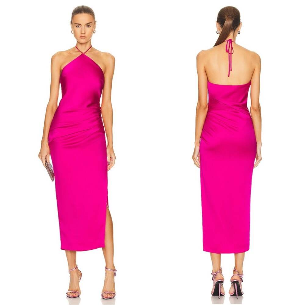 JONATHAN SIMKHAI Hansel Halter Neck Satin Pink Bougainvillea Midi Dress Sz 2